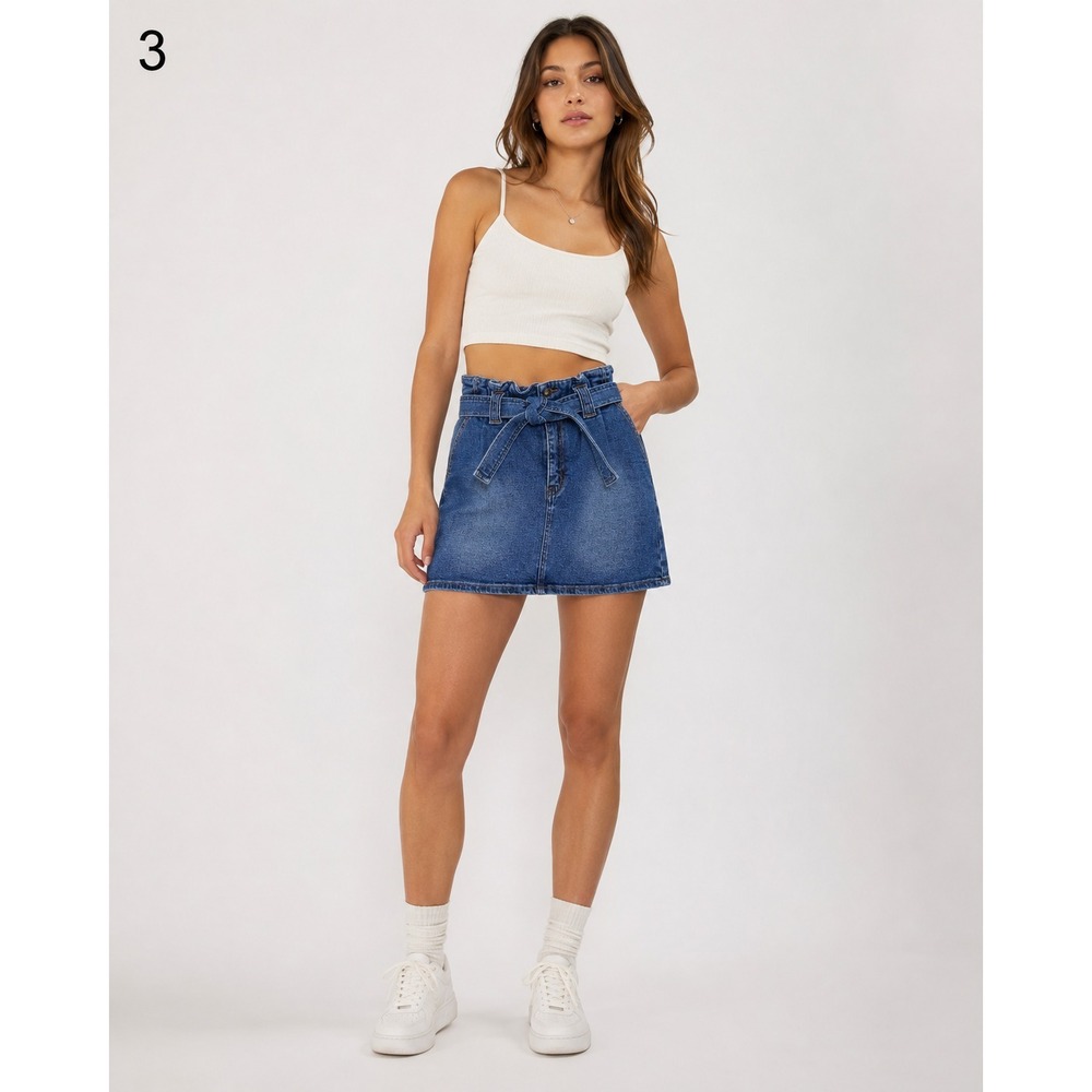 Angel Kiss Denim Skirt Womens Large Blue Jean Cotton Paperbag Waist Belt Pockets